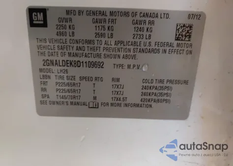 2013 Chevrolet Equinox 1Lt z USA, uszkodzony, nr VIN 2GNALDEK8D1109692